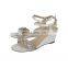 Women white color low wedges embellished stones ankle strap sandals shoes