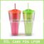 double wall plastic straw water mug with lid