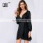 Solid ladies lace-up puff sleeve plunging neckline mini chiffon dress