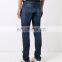 Blue elastic cotton straight jeans, five pocket design followed by brand label, fade effect fashion men's trousers
