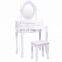 Bathroom 3 Drawers Round Mirror Vanity Wood Makeup Dressing Table Stool Set make up table