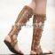 Italian fashion women shoes summer sandals 2015 knee high flat lace up boots over the knee tie up boots