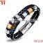 Double Braided Leather Bracelet for Men with Stainless Steel and Black Genuine Leather Straps 9.1 Inches