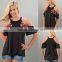 96% Rayon 4% Spandex high neckline loose flowy fit cold shoulder sleeves sweet tops with front embroidered flowers