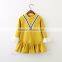 2017 Girls Dress Autumn Thin V Design Navy Dress Long Sleeved Girls Child Doll Dress