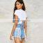 Mixed Fabric & Cotton Women Short Sleeve T-Shirts different size for choice & false two piece patchwork plaid black 85844