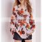 new style women oversized pink floral printed sexy chiffon blouse