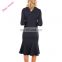 Winter Ladies Navy Delicate Ruffle Accent O-Neck Bell Sleeve Midi Dresses