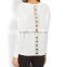 decorative lace panel on back white blank slub long sleeve crewneck sweater