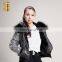 Wholesale Lace Varsity Ladies Satin Bomber Black Jackets with Raccoon Fur Collar