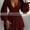Ladies Party Sexy Deep V-neck Long Dress Lantern Long Sleeve  Lace Women Elegant Dresses