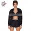 HAODUOYI Autumn Sexy Hollow Out Black Long Sleeve Button Down Mesh Bomber Jacket Casual Coat