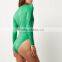 Sexy Lace-Up Women Plunge Suede Long sleeves Tie Front Bodysuit Leotard Blouse Top