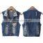 Wholesale 2016 custom OEM dark blue beaded sleeveless women denim jacket with holes