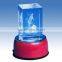 3D laser crystal block with rotating round LED light base for Christmas gift