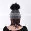 Ladies wool knitting hat with racoon fur pompom beanie hat with top ball KZ160046