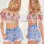 Sexy mesh embroidered floral tops off shoulder ladies blouse
