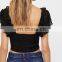 Women Sexy Lace Trim Ruffel Sleeve Backless Bridget Crop Top