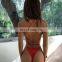 Sexy Solid Red Thong Bikini Set Bathing Suit Cross Bandage Hand Push Up Swimwear 2019 Women Padded Low Cut Swimsuit