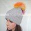 Myfur Light Grey Women Knit Hat with Real Fur Pom Pom Top