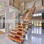 Floating straight stairs wood stair middle stringer staircase with wood tread and frameless glass railing