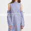 Blue Striped Open Shoulder Ruffle And Drawstring Sleeve Dress Women Casual Dress Spring Summer Long Sleeve Dress
