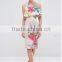 Fashion Women dress Double Ruffle Floral Printing Crop Top Pencil Midi Dress 2016