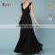 Plain black sexy deep v lace short sleeve backless evening dress