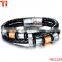 Double Braided Leather Bracelet for Men with Stainless Steel and Black Genuine Leather Straps 9.1 Inches