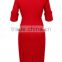 Red Plain Buttons Square Neck Elbow Sleeve Dress