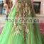 2016 Green Back See Through Wedding Dress Ball Gown Bridemaid Dresses Golden Appliques Dress