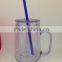 2015 popular doule wall plastic mason jar with straw with handle