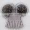 Myfur Adults Winter Wool Knit Hat with Natural Silver Fox Fur Pom Poms
