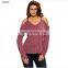 Women European style oversized v neck cold shoulder sweater