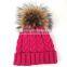 Myfur Hot Pink Knitting Hat With Real Genuine Raccoon Fur Bobble