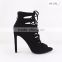 OLNS007 New Design Black Suede Strappy Lace-up Peep Toe Summer Heel Sandal for Women Sandal