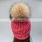 Wholesale women mens knitted plain beanie hat with raccoon fur pom pom