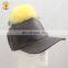 Custom Winter Black Baseball Hat Leather Cap With Fur Pom Pom