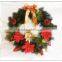 Flocked Mixed Pine needle Tips Decorated with Red and Jute Bowknot, Red berry clusters, Pine cones indoor christmas wreath