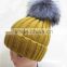 RRKB022 Mink fur pom pom knitted beanie Fashion genuine silver fox fur ball knit hat