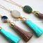 Drusy Necklace, Tassel Druzy Necklace, Turquoise Beige Tassel Layering Statement Necklace Jewelry
