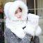 High quality hot sales type Women Hat Winter Soft With Long Scarf Mittens Ski Attached Gloves Faux Fur Hood