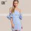 Cute frill puff sleeve off the shoulder blue gingham mini dress