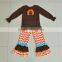 hot sale for thanksgiving day long sleeve ruffle baby girl clothing set with turkey embroider