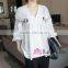 Ladies Fashion Hollow Out Long Balloon Sleeve T-shirts V-neck Stitching Styles Lace Buttons Blouse