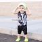 (CT204#black)New design Cotton knitted summer sleeveless t shirt black leather short 2pc boy summer outfit sets for children