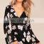 2017 Black Floral Print Long Sleeve Women Wrap Dress