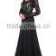 BAM1004 Generous Lace Appliqued See Through Bodice Party Gown 2016 V Neck Low Back Chiffon Long Black Prom Dress with Sleeve