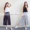 2016 Summer Fashion Women Chiffon Pant Elastic High Waist Multi Stripe Pleated Three Quarter Wide Leg Lady Pants Trousers