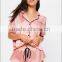 Pink Satin Piped Short Pyjama Set Roll Cuff Sleeve With Private Label Short Sleeve Buttons Sleepwear